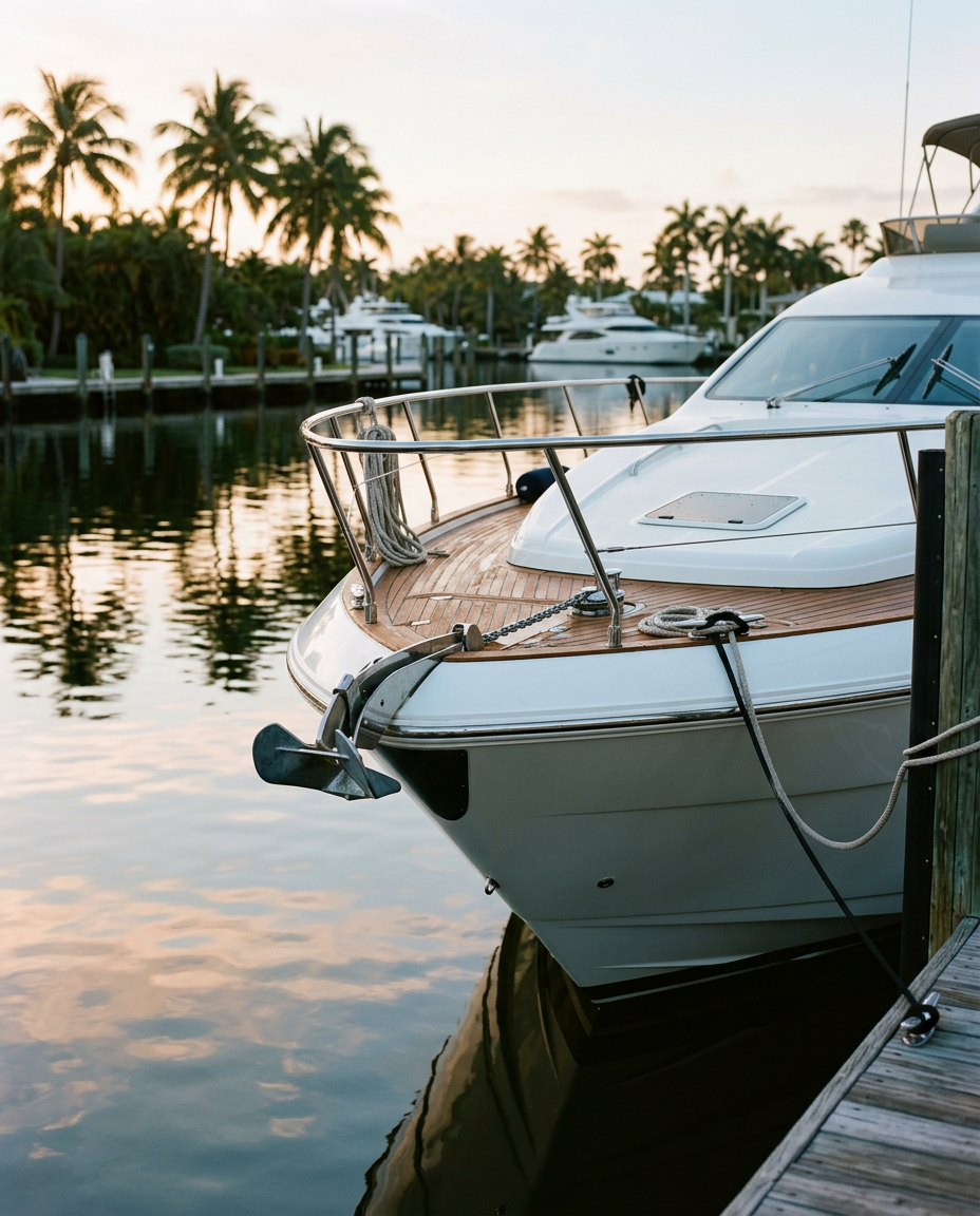 Proa de un yate de motor amarrado en una marina tropical al amanecer