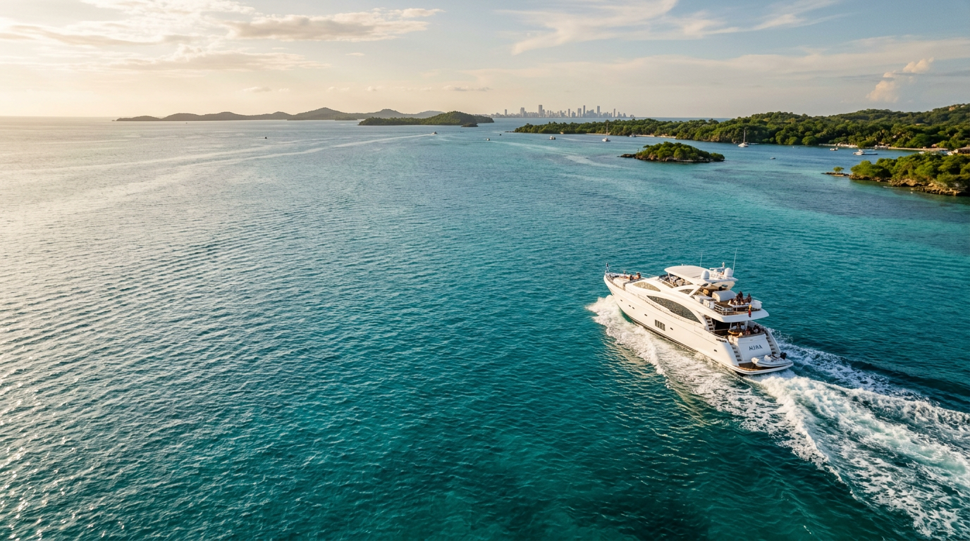 Yate de motor navegando sobre aguas turquesas del Caribe colombiano, con islas al fondo